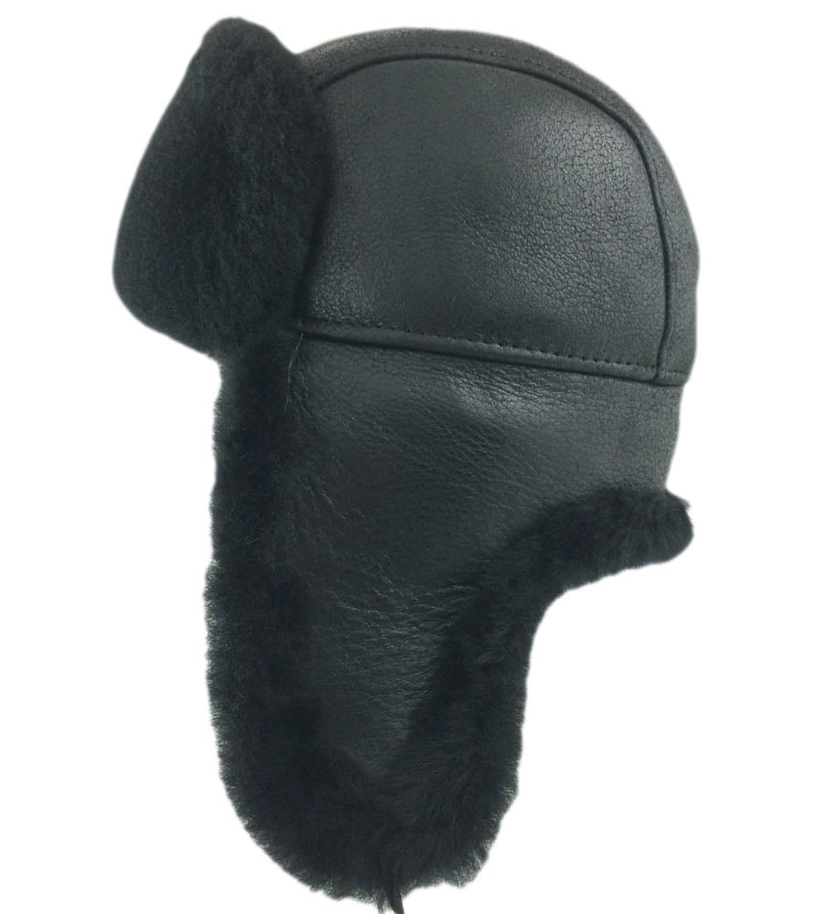 Shearling Bomber Hat | Men's Sheepskin B3 Hat in Solid Black XX-Large